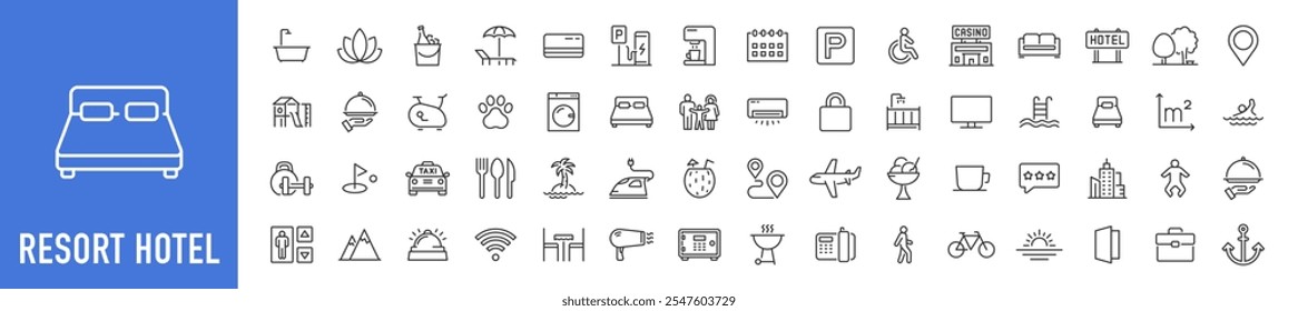 Iconos web de Resort Hotel en estilo de línea. Bienestar, playa, turismo, hotel, pasaporte, mapas, spa, paisaje, cámara. Colección de íconos. Ilustración vectorial.