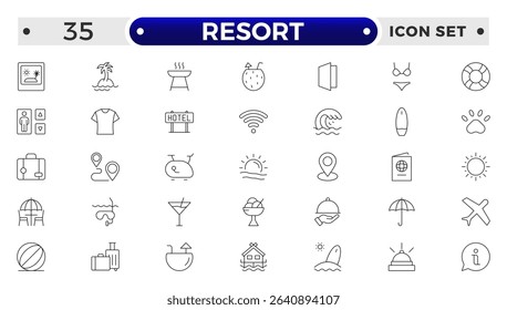 Resort Hotel web icons in outline style. Wellness, beach, tourism, hotel, passport, maps, spa, landscape, camera. Icon collection. 
