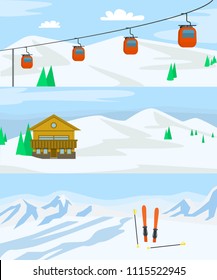 Resort hotel winter banner horizontal concept set. Flat illustration of 3 resort hotel winter vector banner horizontal concepts for web