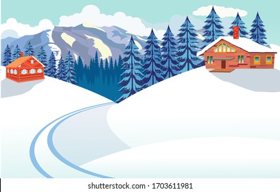  resort houses village in the alpine mountains, winter snowy landscapes