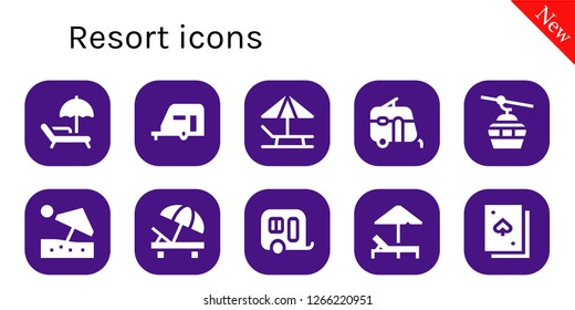  resort icon set. 10 filled resort icons. Simple modern icons about  - Sunbed, Caravan, Cableway, Beach umbrella, Deck