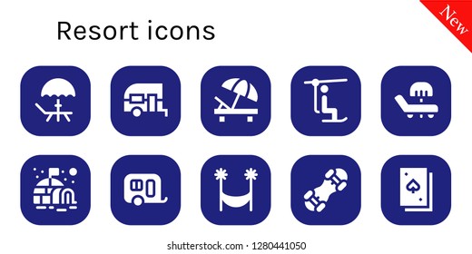  resort icon set. 10 filled resort icons. Simple modern icons about  - Deck, Caravan, Sunbed, Chairlift, Igloo, Hammock, Snowboard