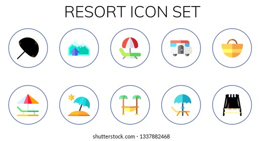 resort icon set. 10 flat resort icons.  Simple modern icons about  - sun umbrella, sunbed, chalet, hammock, caravan, deck, beach bag, beach chair