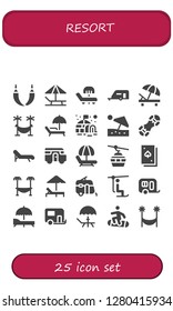  resort icon set. 25 filled resort icons. Simple modern icons about  - Hammock, Sunbed, Caravan, Igloo, Beach umbrella, Snowboard, Deck chair, Cableway, Deck, Chairlift