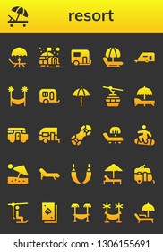 resort icon set. 26 filled resort icons.  Simple modern icons about  - Deck, Sunbed, Igloo, Caravan, Hammock, Beach umbrella, Cableway, Snowboard, Deck chair, Chairlift