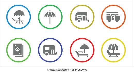 resort icon set. 8 filled resort icons.  Collection Of - Deck, Beach umbrella, Caravan, Sunbed, Hammock icons