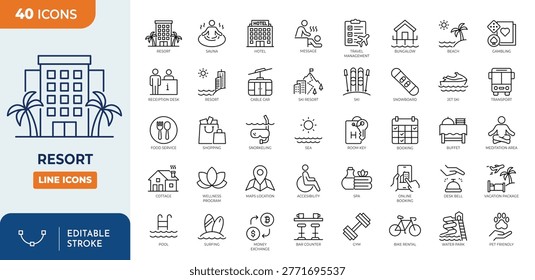 Resort icon set. Containing vacation, recreation, holiday, travel, tourism, hotel, beach, wellness, and more. Editable stroke. Vector illustration