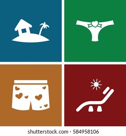 resort icons set. Set of 4 resort filled icons such as sunbed, panties with heart, underwear with heart