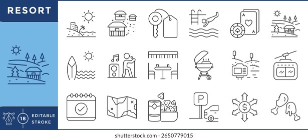 Resort icons set. Hotel, food, visit, recreation, swimming, casino, surfing, travel, and many more, Vector editable stroke.