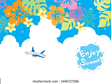 Resort image where hibiscus plane flies in the blue sky