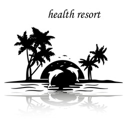 Resort Island By The Sea, Sunset Jumping Dolphins, Silhouette On White Background, Vector