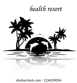 Resort island by the sea, sunset jumping dolphins, silhouette on white background, vector