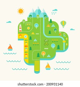 Resort Island Illustrated Map. Tourist Destination and Tourism Concept