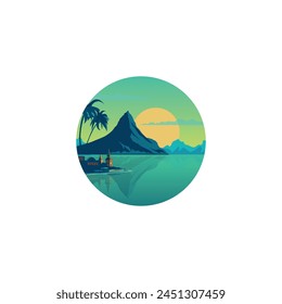Resort island landscape vector logo, seaside bay clipart badge, isolated vector flat round illustration concept for holiday hotel, travel company