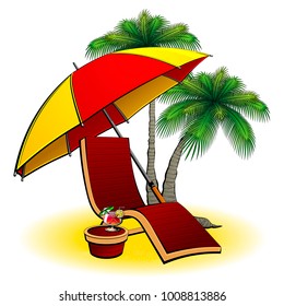 Resort landscape. An empty chaise lounge, beach umbrella, alcoholic cocktail, palm trees and sand. A set of pictures, all objects are independent.