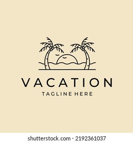 resort line art logo with beach and coconut palms view