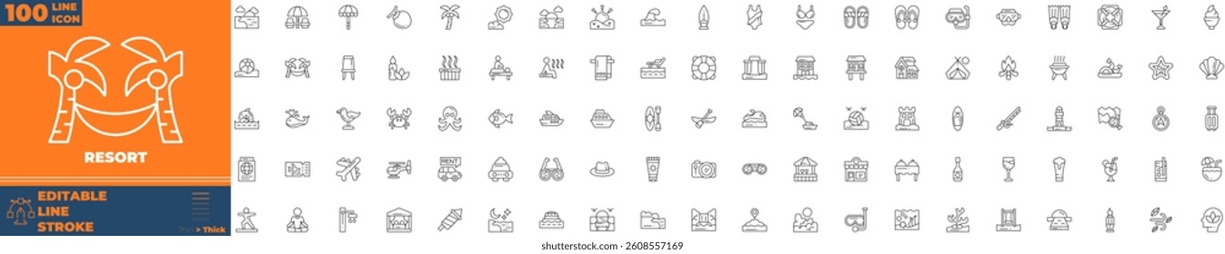 Resort Line Editable Icons set. Vector illustration in modern thin line style of resort icons: Airport, tickets, tour, relax, hotel, etc