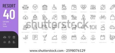Resort Line Editable Icons set. Vector illustration in modern thin line style of hotel related icons: types of accommodation, service, transport, and more. Isolated on transparent background.