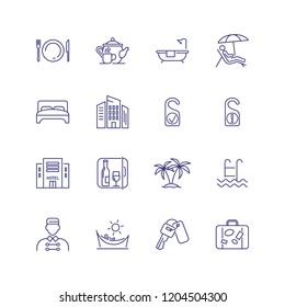 Resort line icon set. Bathroom, bedroom, beach. Tourism concept. Can be used for topics like vacation, travel, hotel service