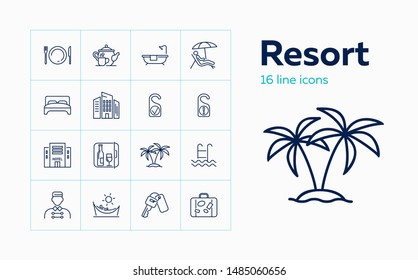 Resort line icon set. Bathroom, bedroom, beach. Tourism concept. Can be used for topics like vacation, travel, hotel service