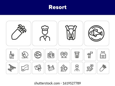 Resort line icon set. Rafting, kayaking, map, itinerary, restaurant. Vacation concept. Can be used for topics like sport water activities, adventure tourism, leisure