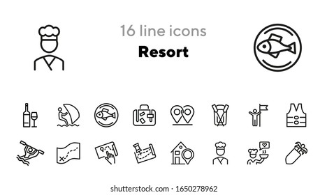 Resort line icon set. Rafting, kayaking, map, itinerary, restaurant. Vacation concept. Can be used for topics like sport water activities, adventure tourism, leisure