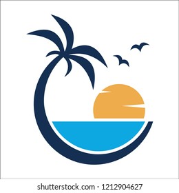 resort logo with beach and coconut palms view. vector illustration. editable
