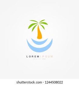 Resort logo with beach and coconut palms view. vector illustration.
