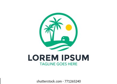 resort logo with beach and coconut palms view. vector illustration. editable