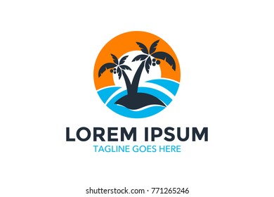 resort logo with beach and coconut palms view. vector illustration. editable