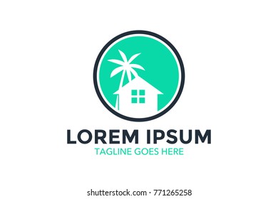 resort logo with beach and coconut palms view. vector illustration. editable
