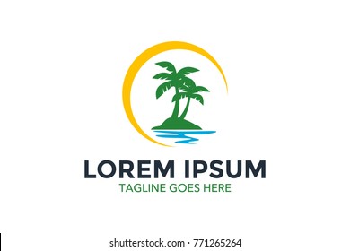 resort logo with beach and coconut palms view. vector illustration. editable