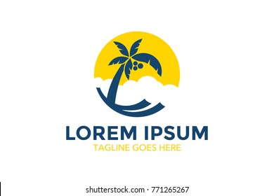 resort logo with beach and coconut palms view. vector illustration. editable