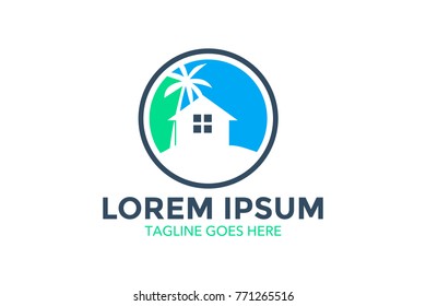 resort logo with beach and coconut palms view. vector illustration. editable