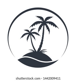 Resort logo with coconut palms and sea. Tropical island graphic icon. Travel symbol isolated on white background. Vector illustration