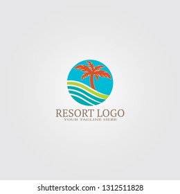 resort logo template with coconut tree, vector logo for business corporate, nature, plant, tree, sea, element, illustration.