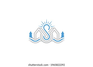 resort logo with two homes and sea and trees 