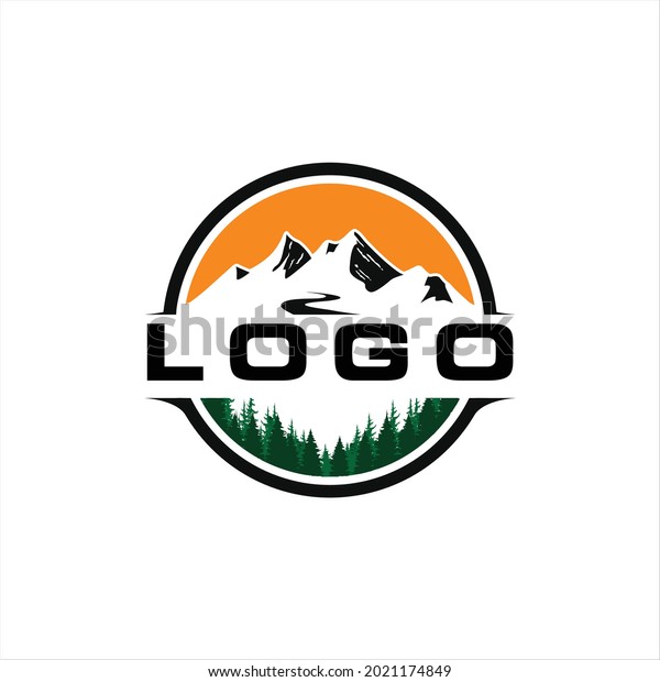 Resort Nature\
Adventure Wanderlust Vintage Hand Drawn Mountains And Forest\
Concept Camping Forest Excavator Logo\

