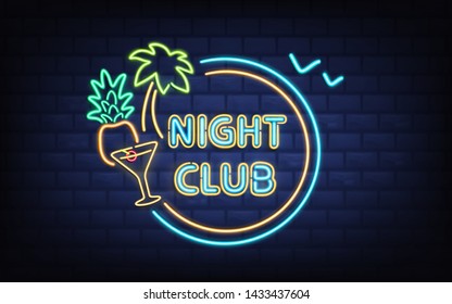 Resort night club, beach cocktail bar retro signboard with palm tree, coconut, cocktail glass glowing blue, yellow, green fluorescent, neon lines on brick wall background realistic vector illustration