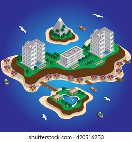 The resort is on the island.  Isometric. Vector illustration.