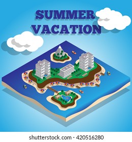 The resort is on the island.  Isometric. Vector illustration.