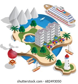 The resort is on the islands. Isometric. Vector illustration.