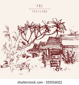 Resort in Pai town, Northern Thailand. Hand drawn vintage artistic postcard template. Vector illustration