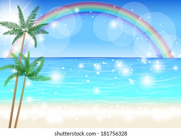 Resort of palm trees and rainbow