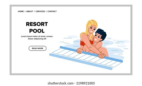 vector de pool de resort. agua de vacaciones, verano relajante, viajes de hotel, vacaciones de lujo, sol azul estilo de vida de la piscina carácter de resort. ilustración de dibujos animados planos de personas