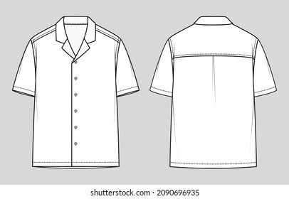 Resort shirt  Short sleeved men's shirt  Relaxed Fit  Vector illustration  Flat technical drawing  Mockup template 	
