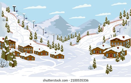 complejo con pista de esquí, teleférico, remontes, ilustración vectorial. Vacaciones de invierno y actividades deportivas. Paisaje montañoso en temporada invernal con chalé de alpes.