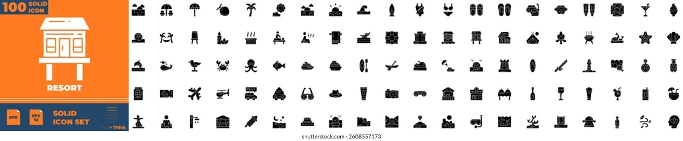 Resort Solid Editable Icons set. Vector illustration in modern thin solid style of resort icons: Airport, tickets, tour, relax, hotel, etc