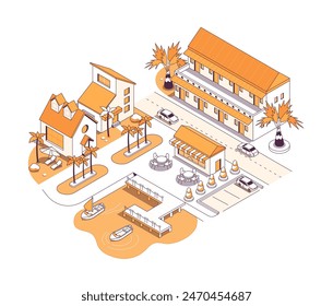 Resort street with hotels - vector isometric illustration. Summer holiday by the water with good accommodation. Cafe, parking places, village, pier with boats, highway, car, palm trees and fun idea