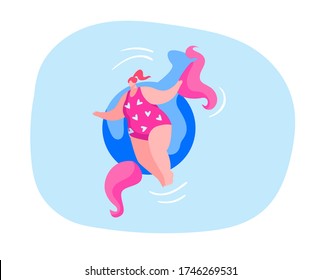 Resort, Summer Float Relax in Swimming Pool. Female Character in Swimwear Enjoying Summertime Vacation Floating on Inflatable Mattress in Shape of Unicorn in Ocean or Sea. Cartoon Vector Illustration